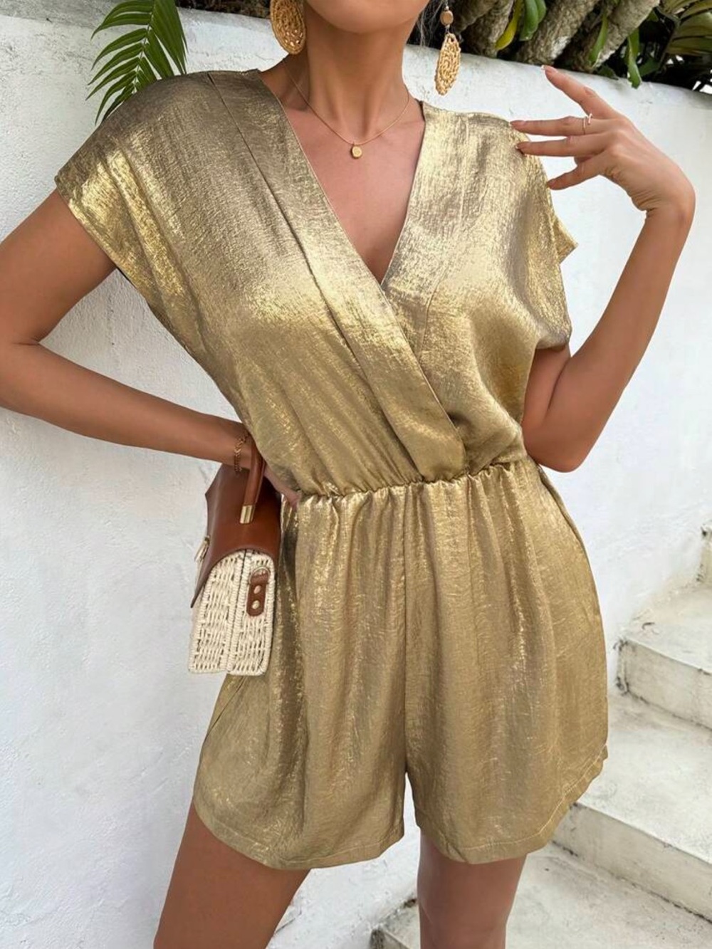 Gold Shimmer V-Neck Romper - XL